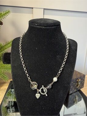 SIMS Silver Tone Charm Necklace with Crystal and Pearl Accents clasp